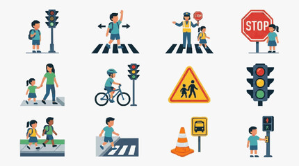Fototapeta premium Street Safety Scenes with Pedestrians and Traffic Icons.