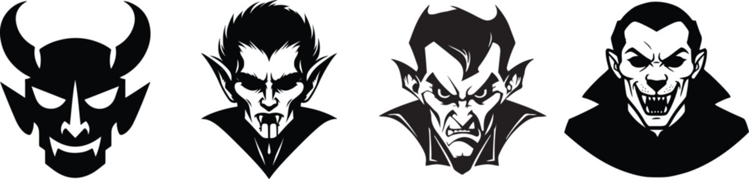 Vampire and devil head silhouettes for halloween and horror themed creative projects.