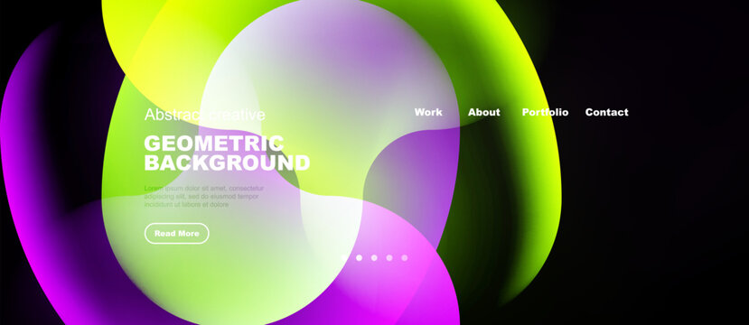 Vibrant abstract shapes overlap dark background. Text elements present website navigation, title, brief description. Modern design.
