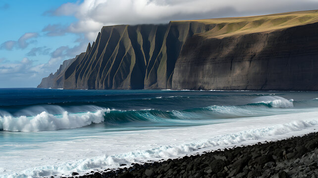 Rocky coastline with waves crashing on black sand beach, steep cliffs in background, ocean