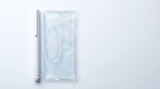 Insulin Autoinjector Pen and Blue Ice Gel Pack Flat Lay,
Cold Chain Medication Storage Clinical Concept, Copy Space