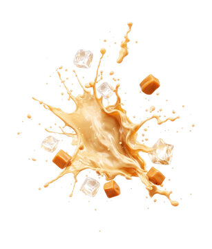 PNG Splashing caramel with ice cubes