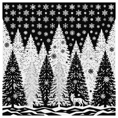 Obraz premium Beautiful Winter Forest Scene Featuring Falling Snowflake Patterns over Pine Trees with a Graceful Fox in a Black and White Papercut Style