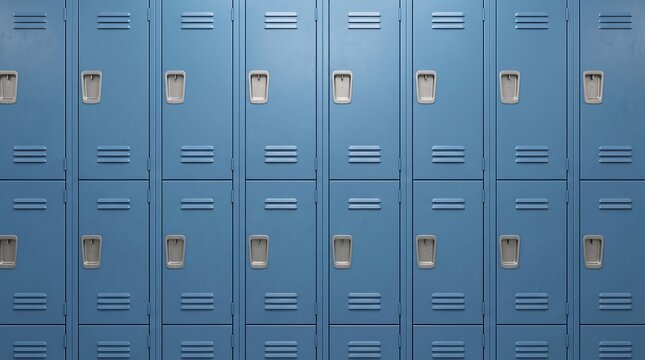 A row of blue metal school lockers.
