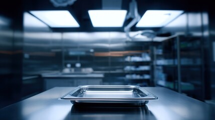 Fototapeta premium scalpel. A sterile medical setting with an empty surgical tray under focused lighting, evoking modern healthcare. safety posters.