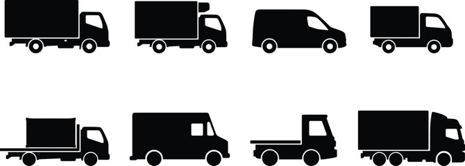 Delivery truck and commercial van black silhouette vector icons set for logistics cargo and shipping web design © MDARIFUL
