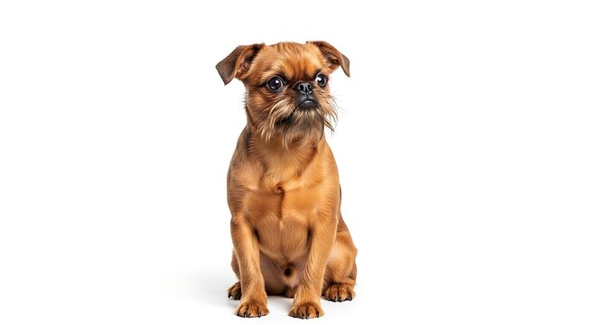 A small, brown Brussels Griffon dog with a scruffy beard sits attentively on a white background.