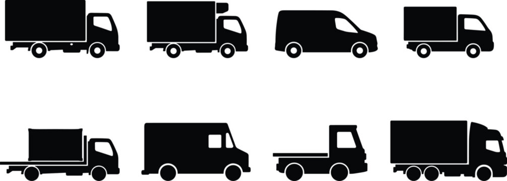 Delivery truck and commercial van black silhouette vector icons set for logistics cargo and shipping web design
