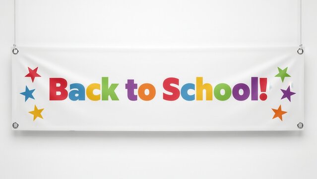Bright back to school banner featuring colorful letters and stars