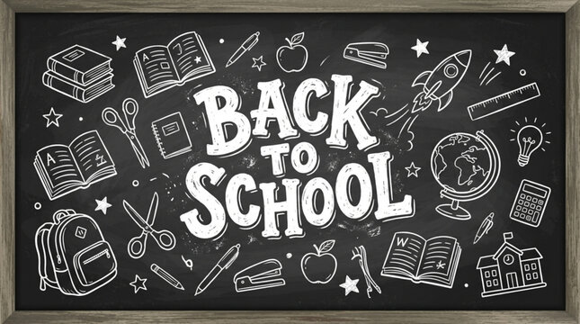 Back to school chalkboard vector illustration with hand drawn doodles