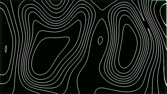 Abstract bright outline topographic contour map animated on black background. Moving irregularly shining line background. Smooth wave motion and moving terrain lines. Minimalism wavy lines animated.