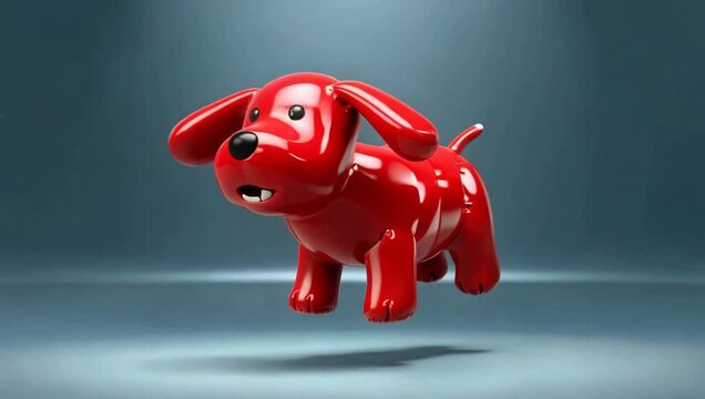 Floating Red Shiny Glossy Toy Dog Character Hovering in Studio Space