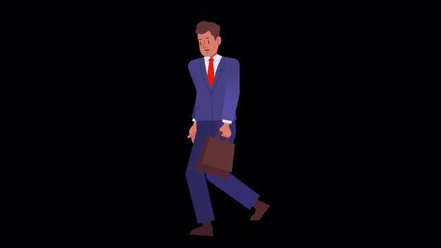Loop animation of a tired businessman walking with a briefcase on an isolated alpha channel