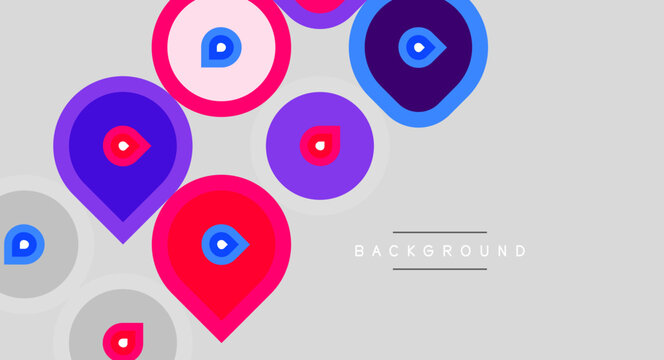 Abstract design features colorful location pins over gray backdrop. Simple shapes create modern visual impact.