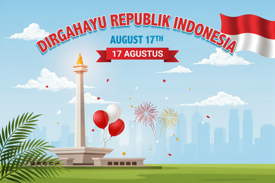 Indonesia independence day celebration with national monument monas fireworks red and white balloons in jakarta against blue sky background indonesia independence