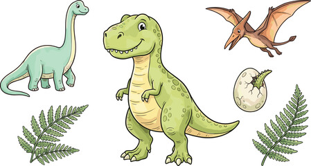 Cute Cartoon Dinosaur Sticker Set with Tyrannosaurus Rex Brachiosaurus Pterodactyl Hatching Egg and Tropical Fern Leaves Elements for Kids Nursery Designs © EdGe Creative