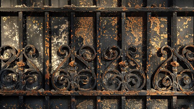 Aged iron window scroll flaking close up