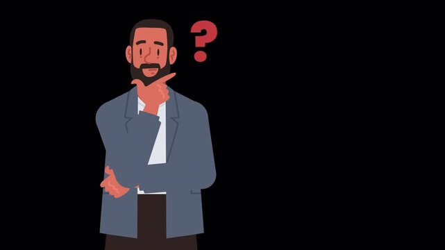 Loop Animation of Thinking Business Man with Question Mark on Alpha Channel Flat Character
