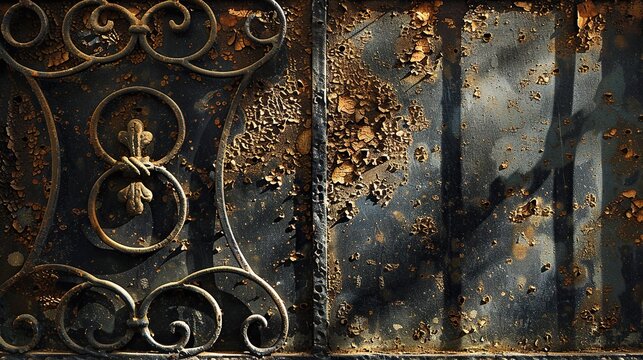 Aged iron window scroll flaking close up