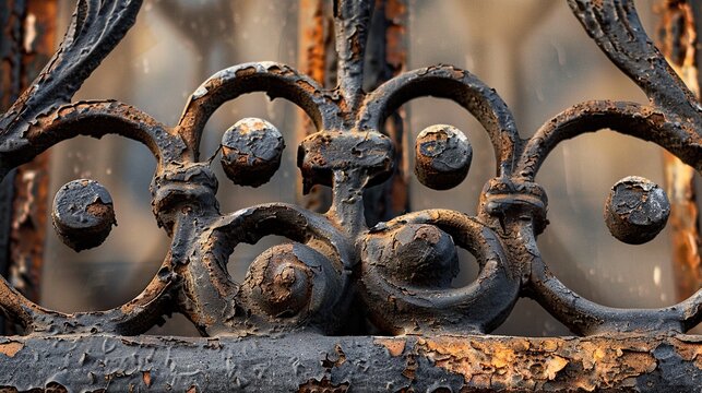 Aged iron window scroll flaking close up