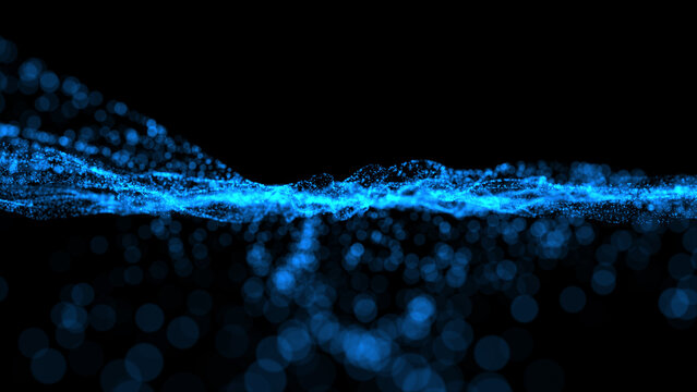 Abstract glowing wave from of particles and dots moves on a black background