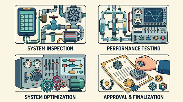system management workflow quality control steps from inspection and performance testing to optimization and final approval.