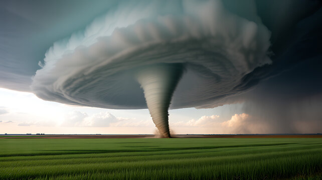 Tornado in a green field, large funnel cloud with a cloudy sky storm weather