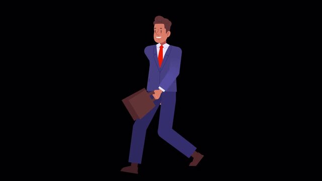 Looping animation of a happy businessman walking with a relaxed gait in isolated alpha channel