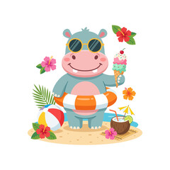 Cute cartoon hippo enjoying a summer beach vacation with ice cream, sunglasses, and tropical flowers.