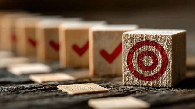 Business success strategy with wooden blocks and digital checklist leading to target achievement representing planning performance tracking progress optimization and corporate growth management
