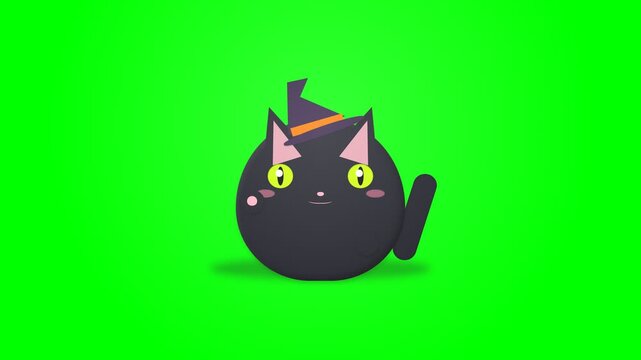 Cute Animated Black Cat Wearing A Witch Hat On A Green Screen Background.