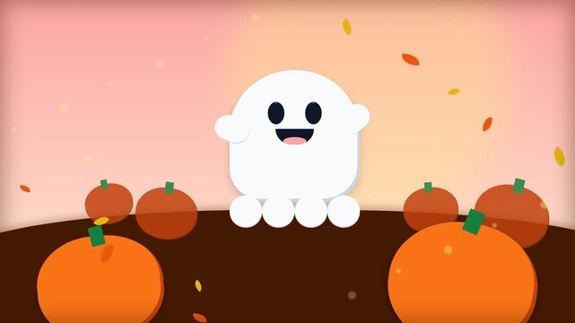 Cute Animated Ghost Character Celebrating Halloween with Pumpkins and Falling Autumn Leaves.