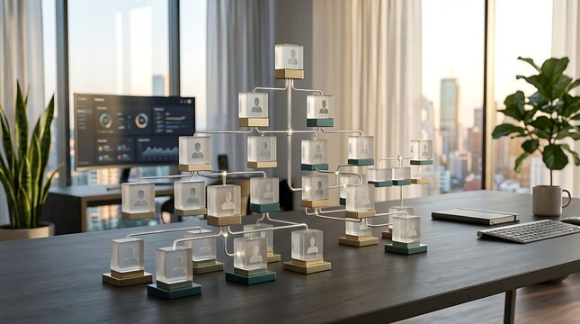 Corporate organizational chart showing business hierarchy and management structure on a desk in a modern office with city view