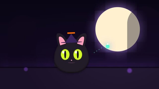 Animated Black Cat Jumping Over A Glowing Full Moon In The Night Sky.