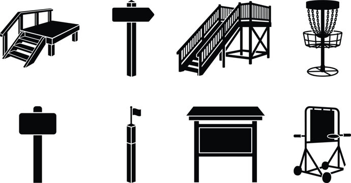 Park infrastructure and disc golf course elements black silhouette vector icons set featuring signs and wooden platforms