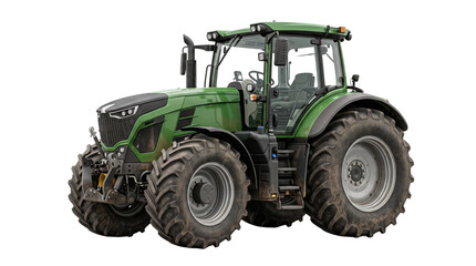 Obraz premium Modern green agricultural tractor, heavy duty farming machinery, powerful industrial tractor for field cultivation and agribusiness isolated PNG with Transparent Background