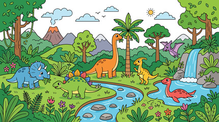 Colorful cartoon dinosaurs in a prehistoric jungle landscape © rehan