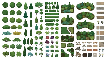 Fototapeta premium Landscape design elements vector set, garden plan symbols for architectural site mapping, green trees and shrubs top view collection isolated PNG with Transparent Background