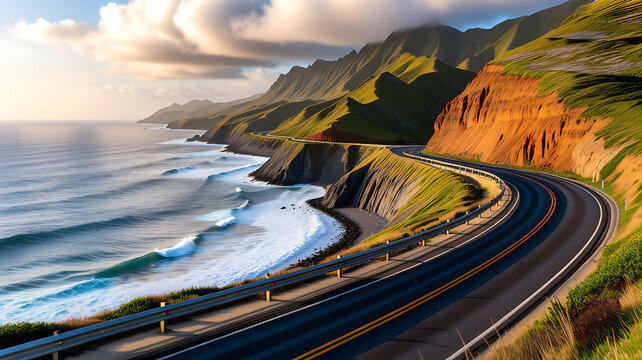 Winding coastal highway, ocean waves crashing on cliffs, green hillside, sunny day with clouds road