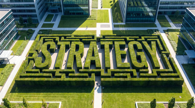 Aerial view of a large hedge maze with the word STRATEGY in a modern office complex with green lawns and glass buildings