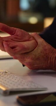 Hand, pain and keyboard with business man in office for fibromyalgia, typing fatigue and injury. Rheumatoid arthritis, pressure and carpal tunnel with mature employee for overworked and strain