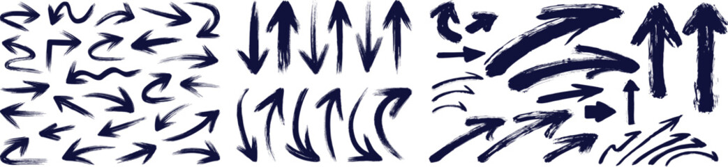Fototapeta premium Collection of diverse handdrawn dark blue arrows with brush stroke texture on a white background