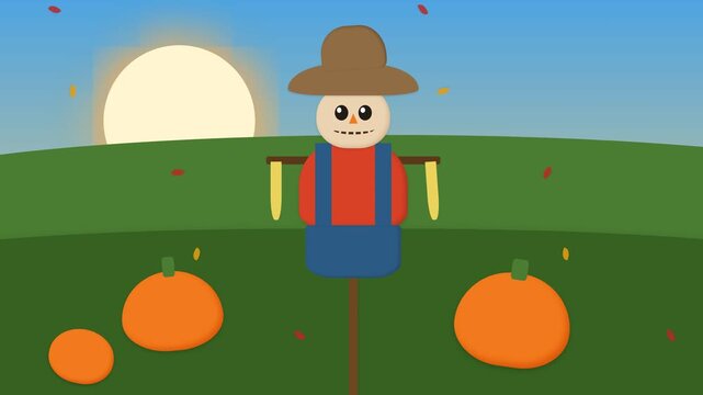 Animated Scarecrow Standing in a Pumpkin Patch During a Sunny Autumn Day.