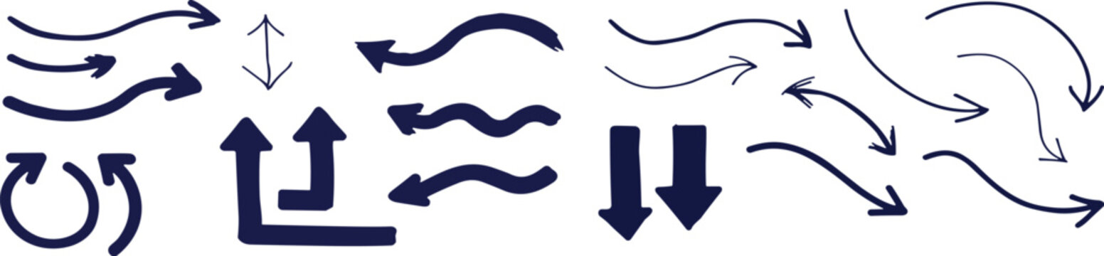 Collection of handdrawn dark blue arrow icons pointing in various directions for design