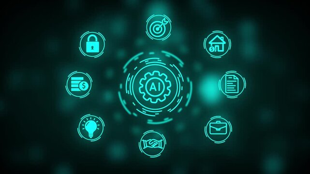 Digital infographic concept with glowing cyan representing business finance and ideas arranged in a circular pattern around a central glowing gear on a dark background