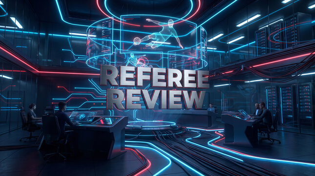 Referee review room with futuristic neon lights and technology for high tech sports analysis and decision making process