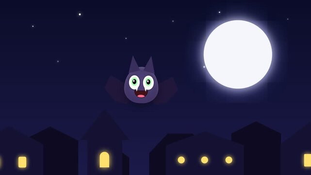 Cute Cartoon Bat Flying Over City Skyline at Night Under Full Moon.