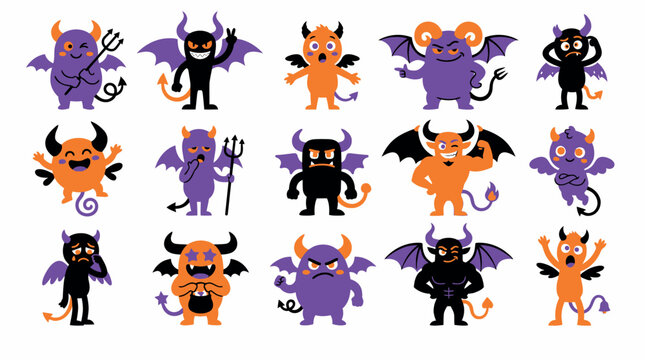 Cartoon devil emoji characters in various poses and colors