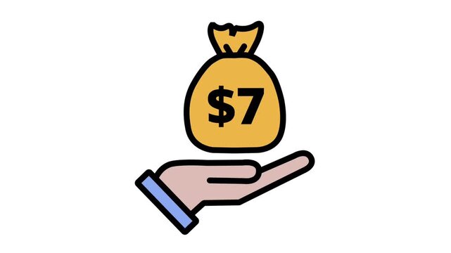 Hand holding a money bag with 7 dollars icon flat animation