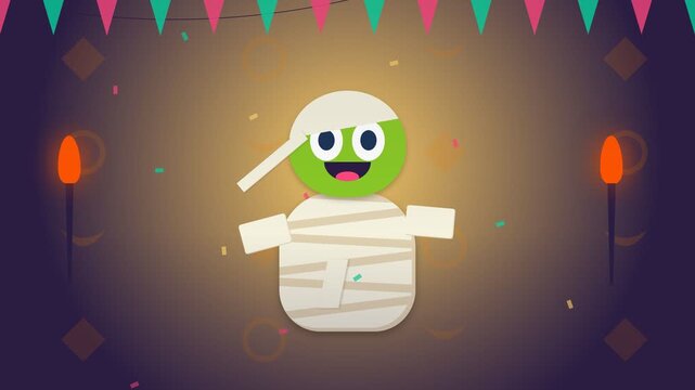 Animated Green Mummy Character Unwrapping Itself for Halloween Celebration.
